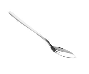 Photo of New clean shiny spoon isolated on white