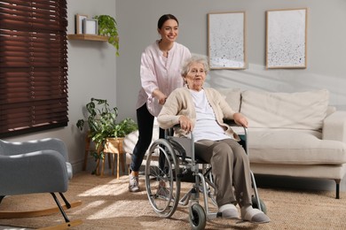 Young caregiver assisting senior woman in wheelchair indoors. Home care service