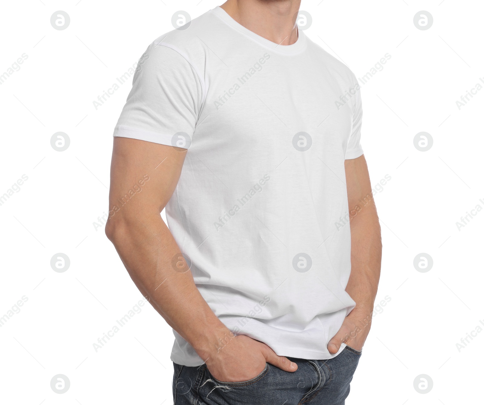 Photo of Man wearing blank t-shirt on white background, closeup. Mockup for design