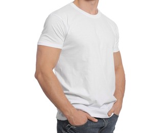 Photo of Man wearing blank t-shirt on white background, closeup. Mockup for design