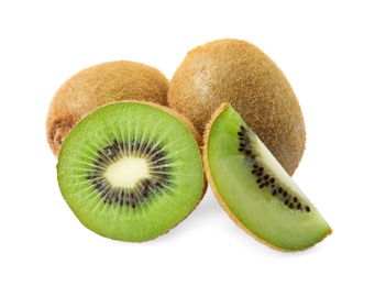 Photo of Cut and whole fresh kiwis on white background