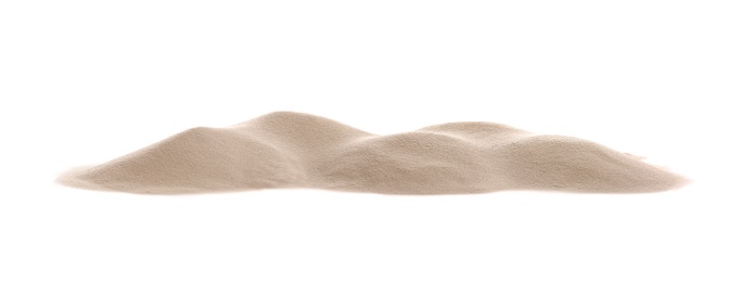 Photo of Heap of dry beach sand on white background