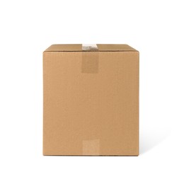 Photo of One closed cardboard box isolated on white. Delivery service