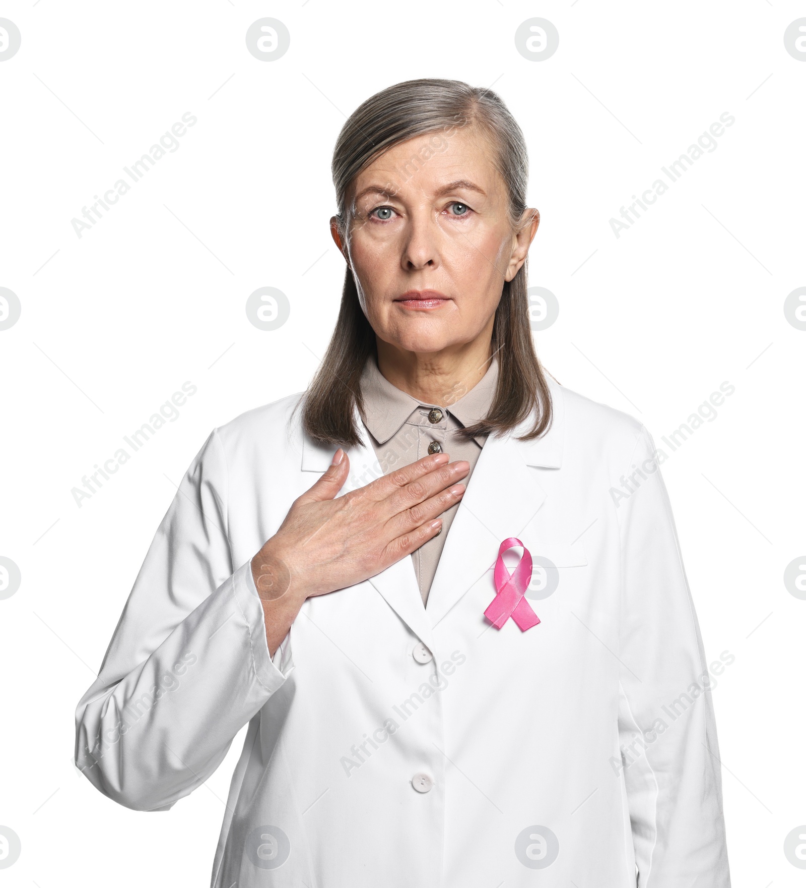 Photo of Mammologist with pink ribbon on white background. Breast cancer awareness