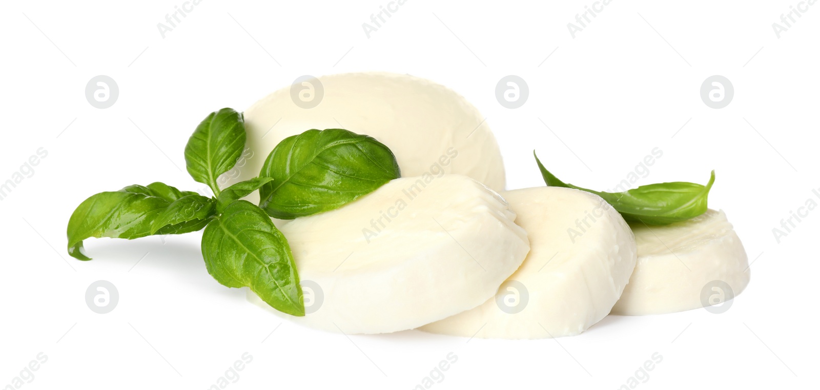 Photo of Delicious mozzarella cheese slices and basil on white background