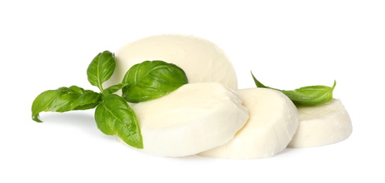 Delicious mozzarella cheese slices and basil on white background