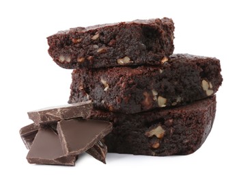 Photo of Delicious brownies with nuts and pieces of chocolate on white background