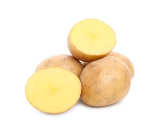 Photo of Whole and cut fresh potatoes on white background