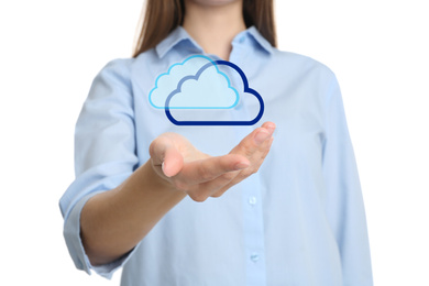 Image of Woman holding virtual clouds icon on white background, closeup of hand. Data storage concept