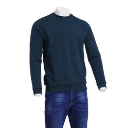 Male mannequin dressed in stylish dark green sweatshirt and jeans isolated on white