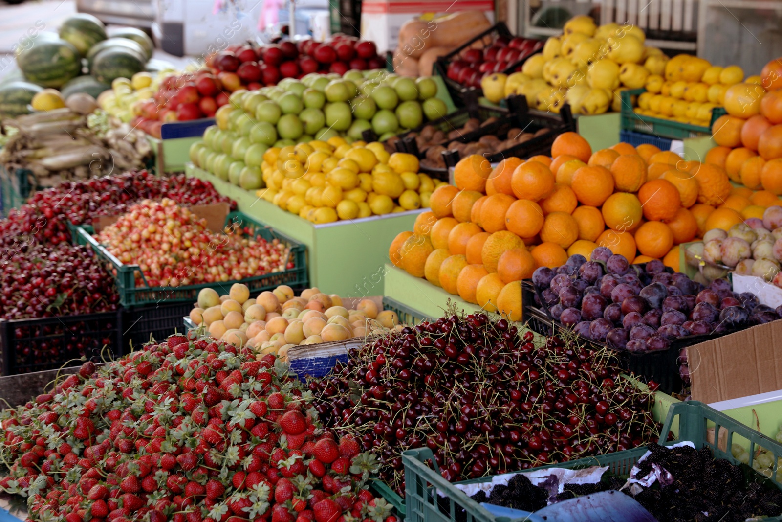 Photo of Many fruits and berries in crates selling outdoors