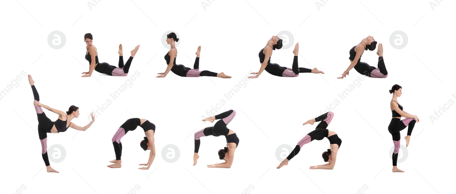 Image of Collage of woman practicing yoga on white background. Banner design