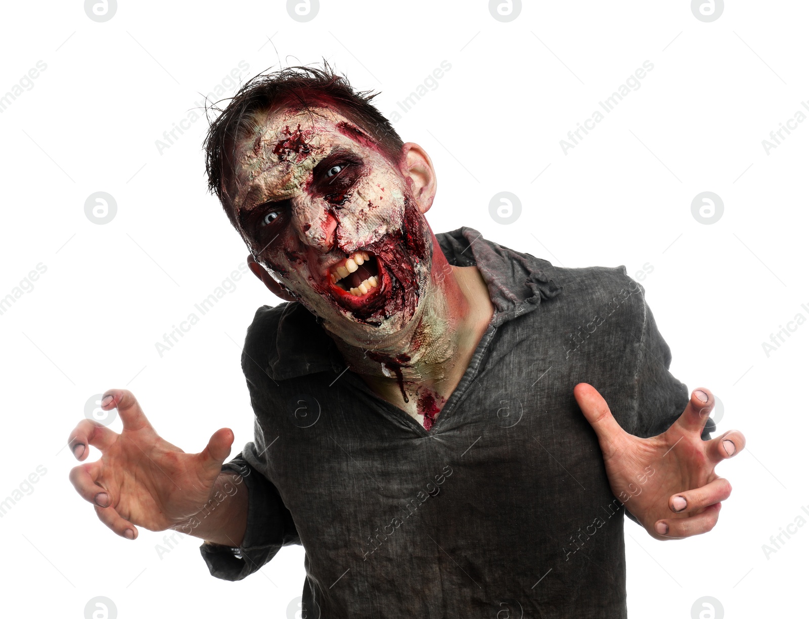 Photo of Scary zombie on white background. Halloween monster