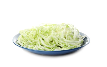 Plate with chopped cabbage on white background. Healthy food