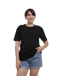 Smiling woman in stylish black t-shirt on white background