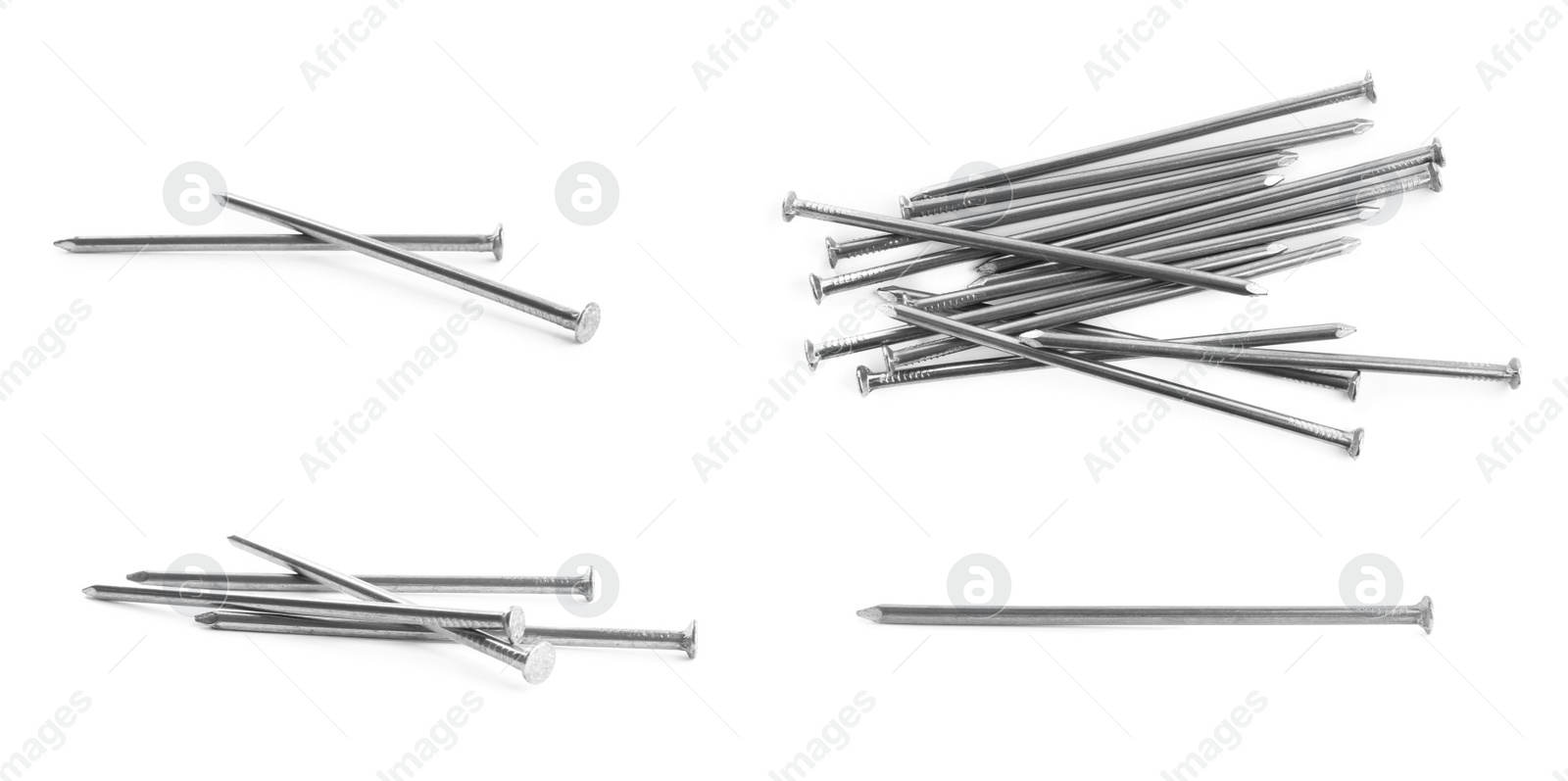 Image of Set with sharp metal nails on white background, banner design