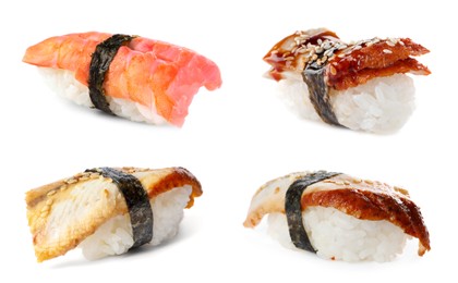 Image of Set of nigiri sushi with shrimp and smoked eel on white background