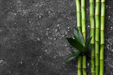 Photo of Bamboo stems and leaves on black textured table, flat lay. Space for text