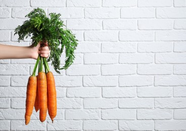Woman holding fresh ripe juicy carrots against white brick wall, closeup. Space for text