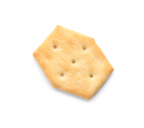 Delicious crispy cracker isolated on white, top view