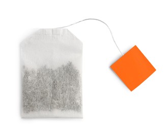 Paper tea bag with tag isolated on white, top view