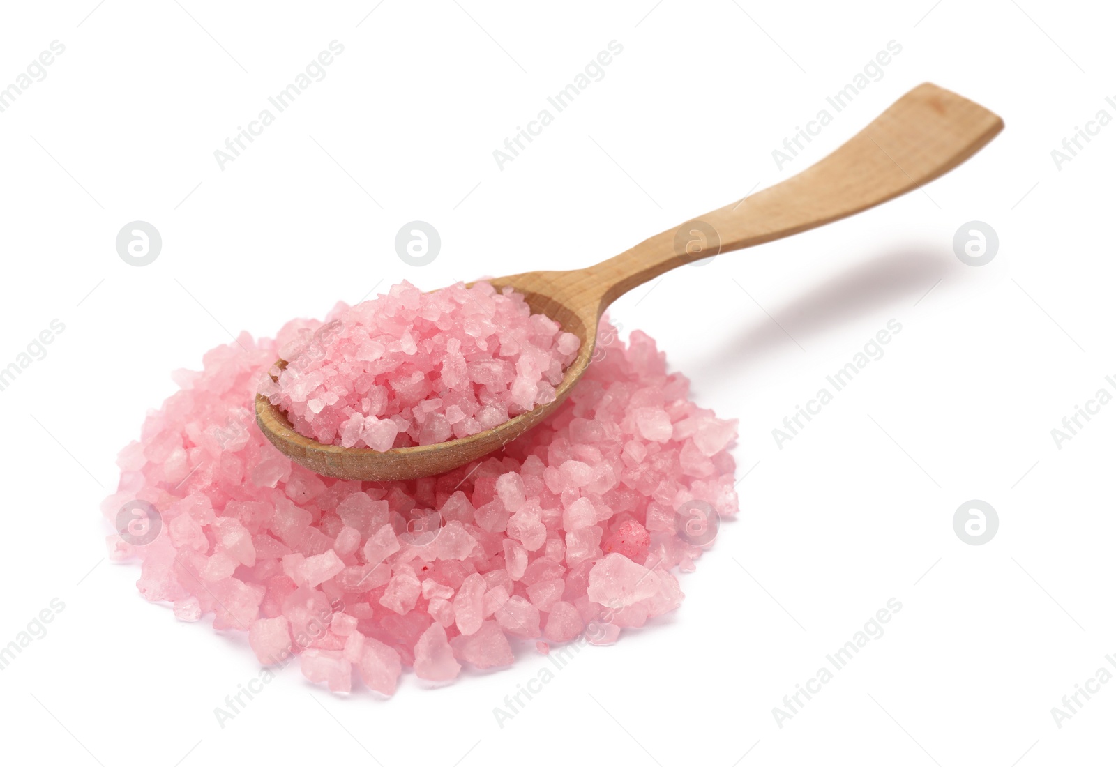 Photo of Pink sea salt and spoon isolated on white