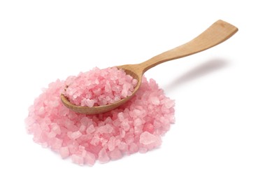 Photo of Pink sea salt and spoon isolated on white