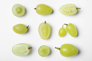 Photo of Fresh ripe juicy grapes on white background, top view