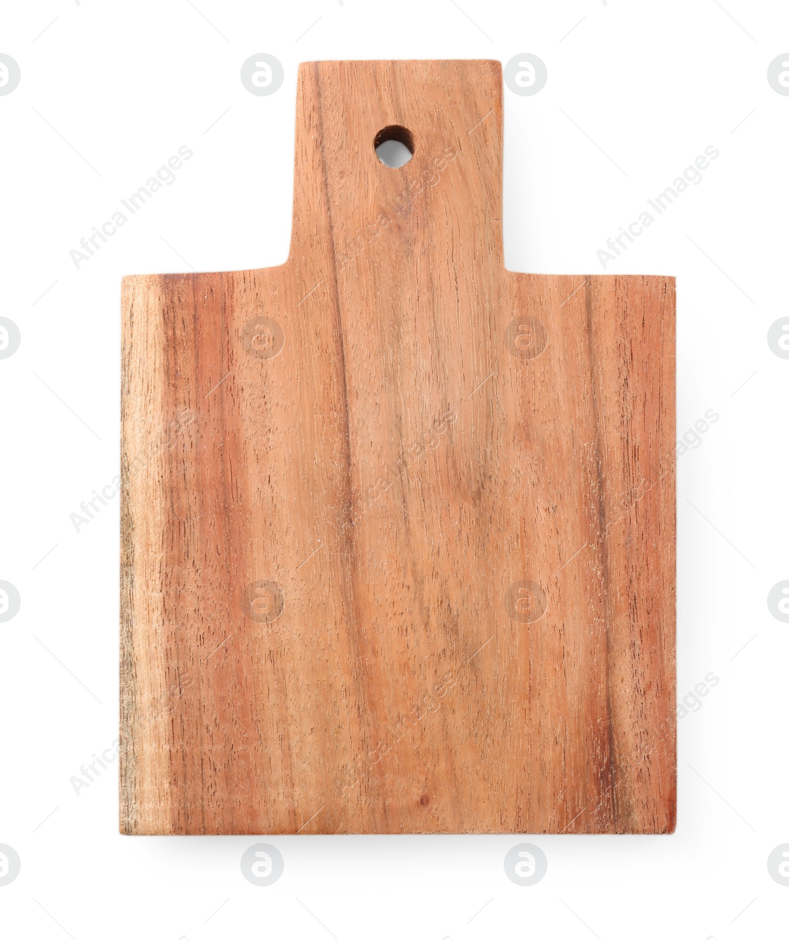 Photo of One wooden cutting board on white background, top view