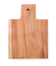 One wooden cutting board on white background, top view