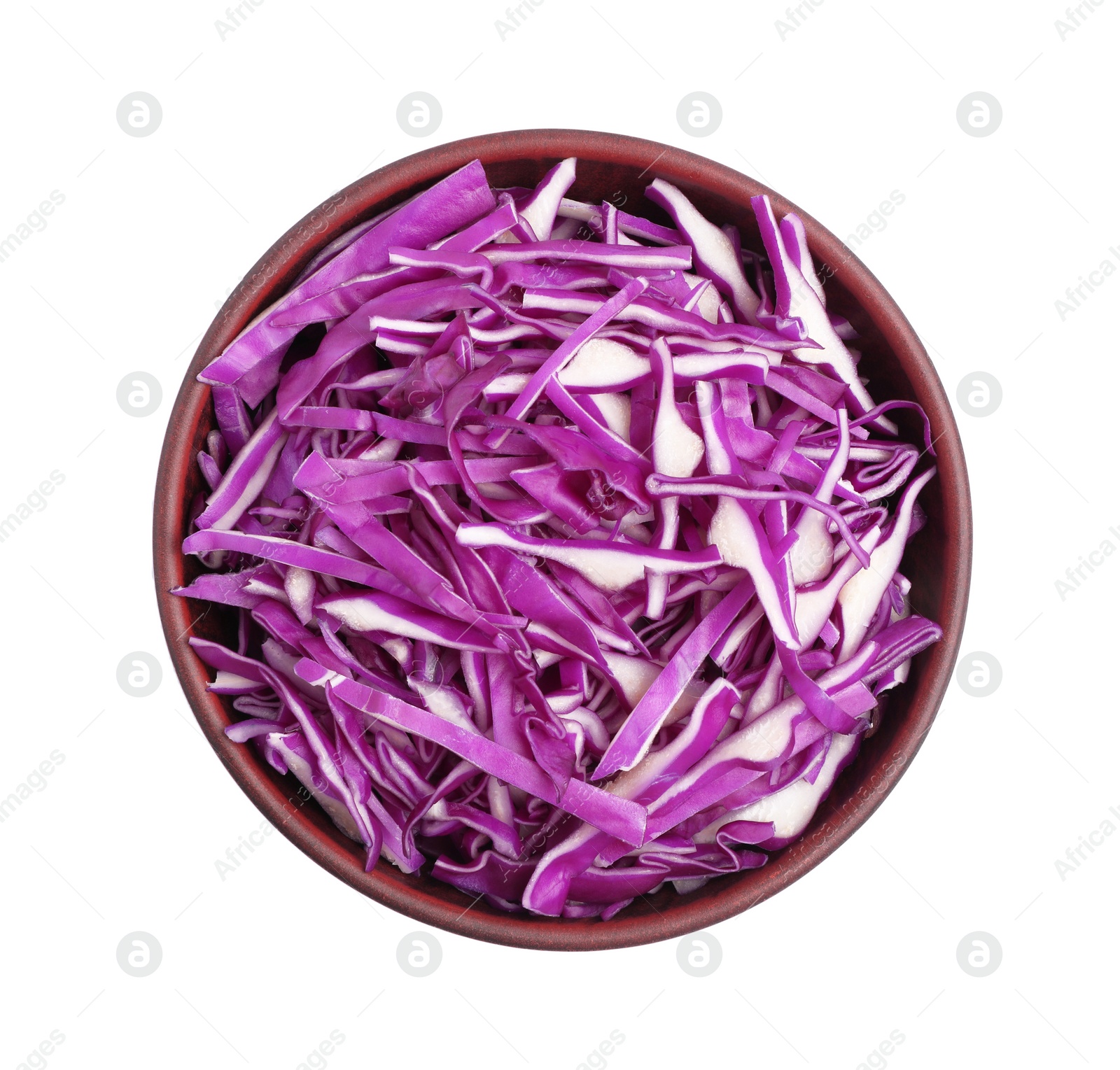 Photo of Tasty fresh shredded red cabbage in bowl isolated on white, top view