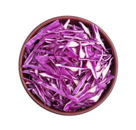 Photo of Tasty fresh shredded red cabbage in bowl isolated on white, top view