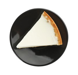 Photo of Piece of tasty vegan tofu cheesecake isolated on white, top view