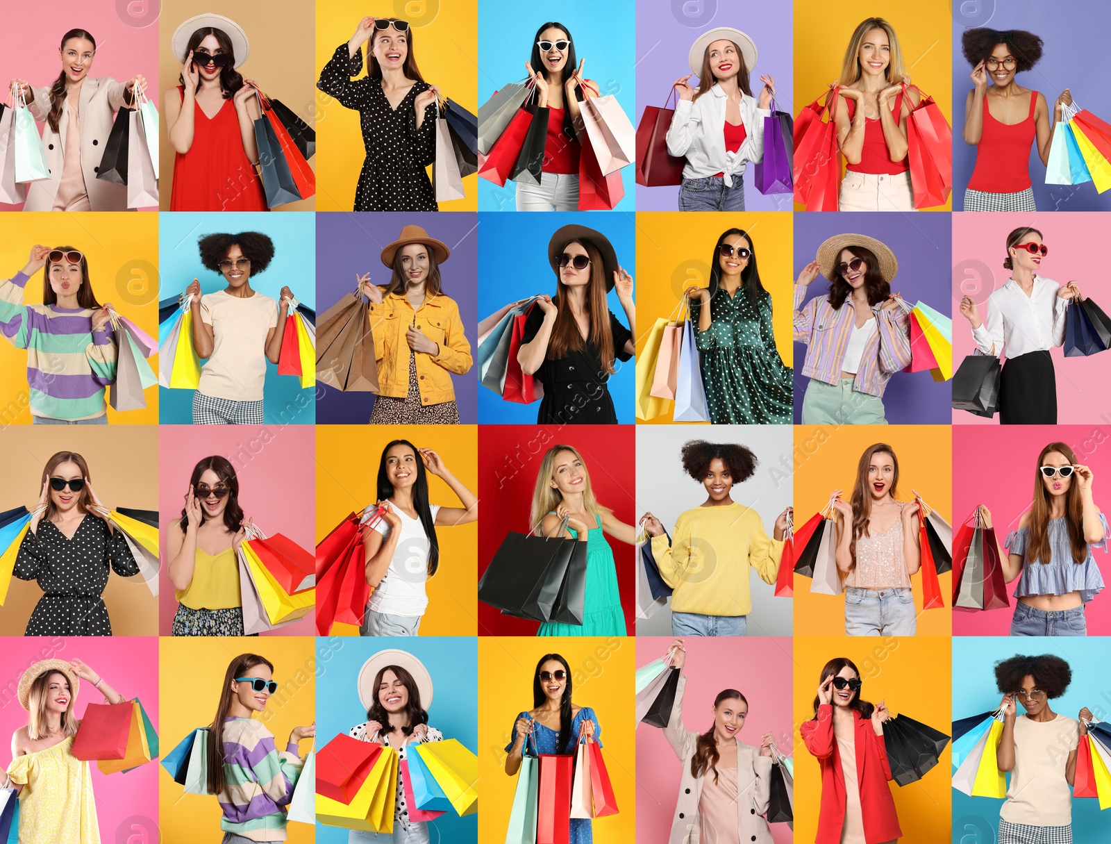 Image of Collage with photos of women holding shopping bags on different color backgrounds