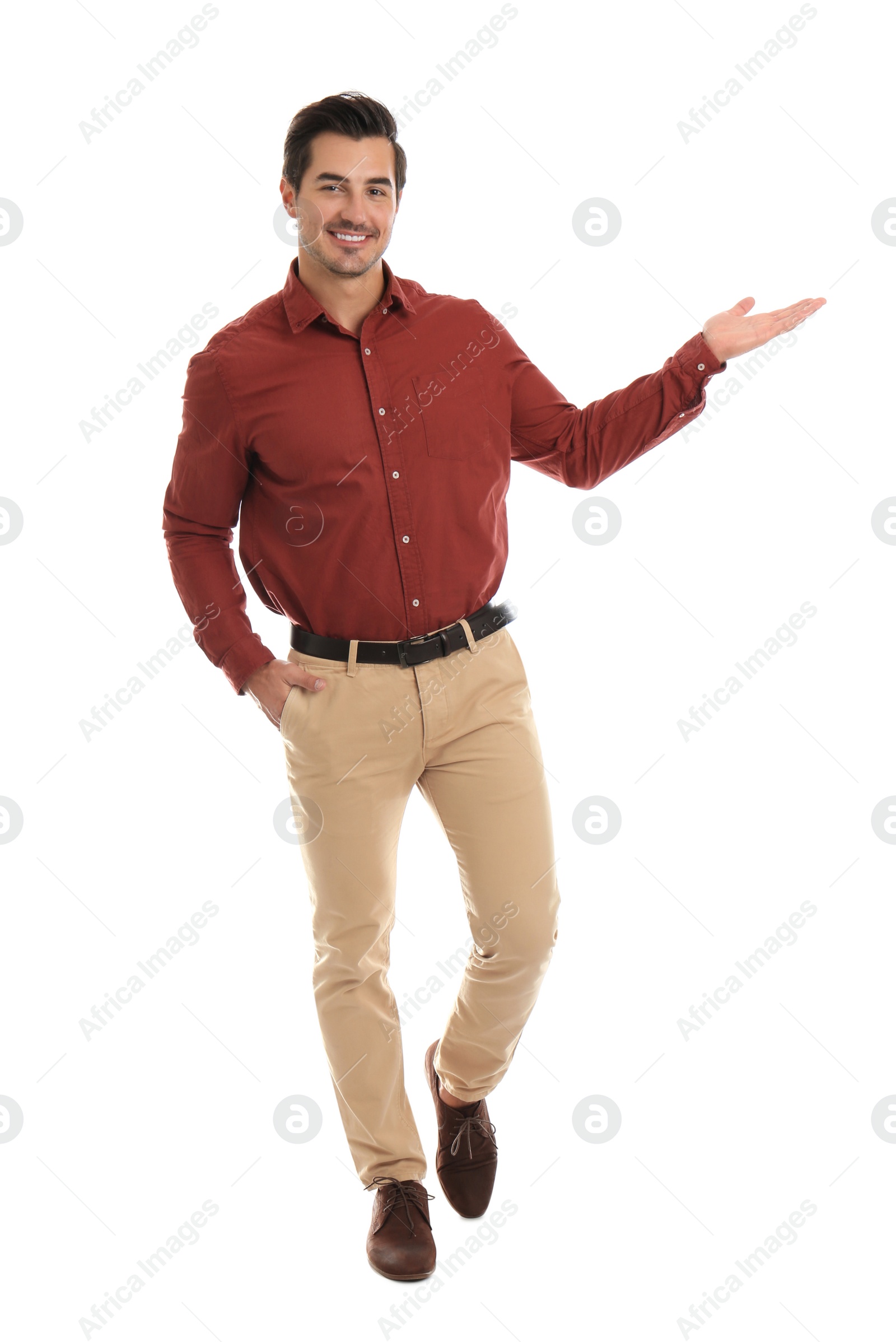 Photo of Portrait of young male teacher on white background