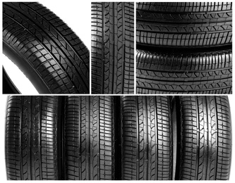 Image of Set with car tires on white background