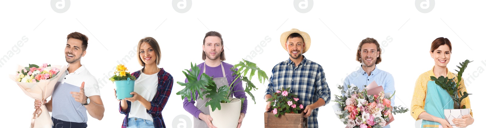 Image of Collage of florists with plants on white background. Banner design