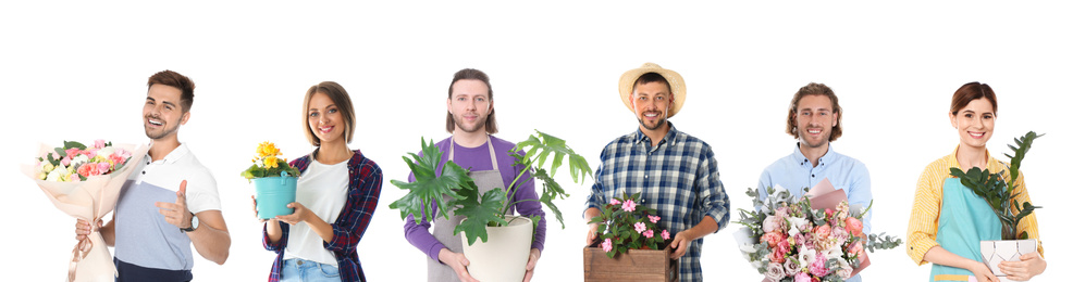 Image of Collage of florists with plants on white background. Banner design