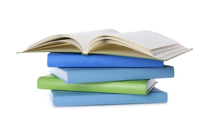 Photo of Stack of colorful books on white background