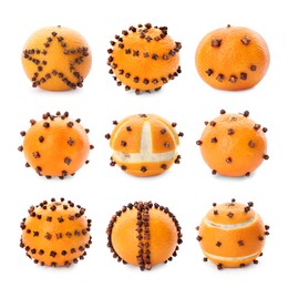 Image of Set with pomander balls made of tangerine and cloves on white background 