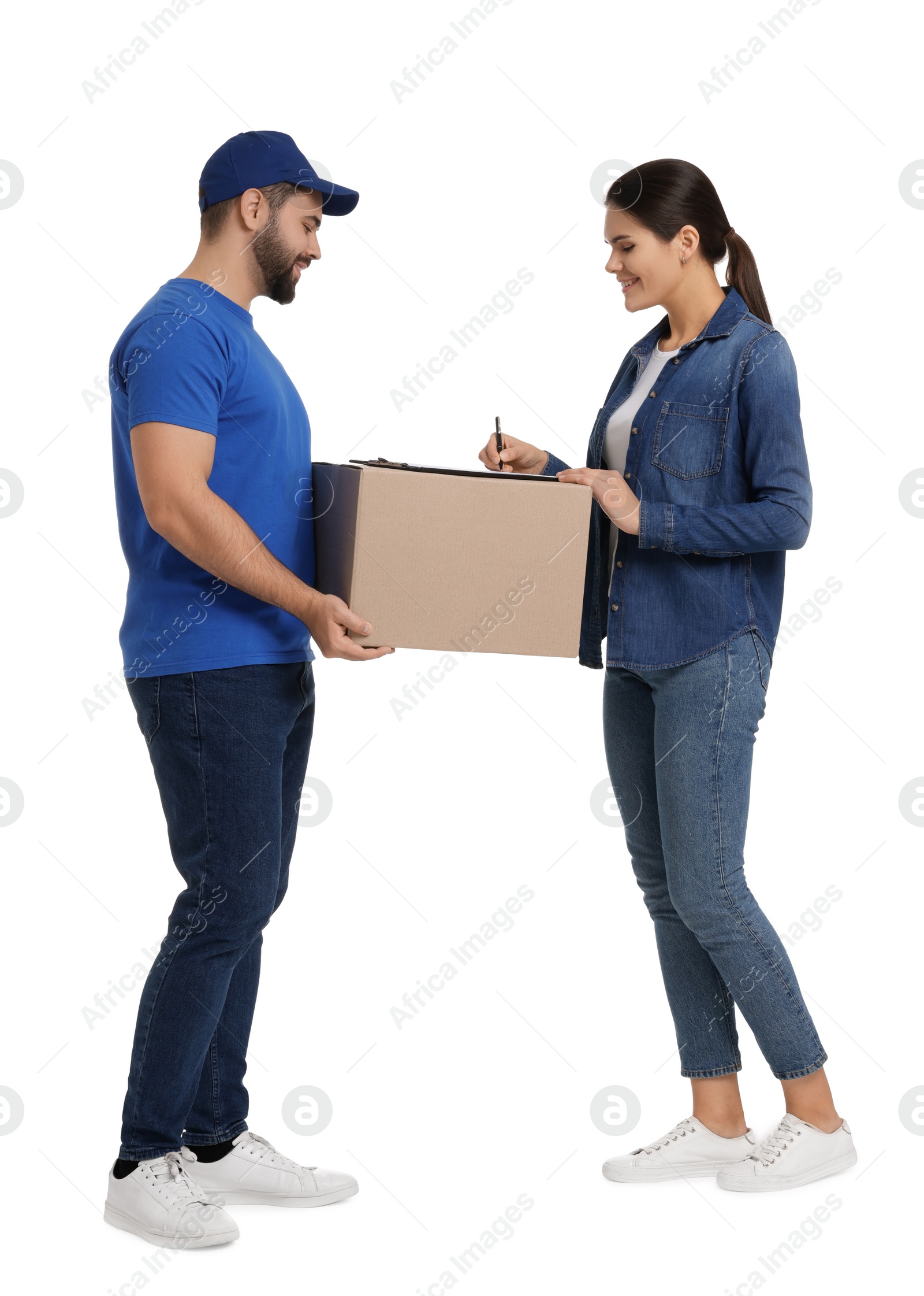 Photo of Smiling woman signing order receipt on white background. Courier delivery