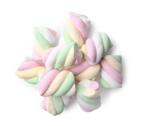 Photo of Delicious colorful marshmallows on white background, top view