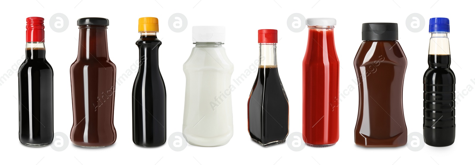 Image of Different delicious sauces isolated on white, set