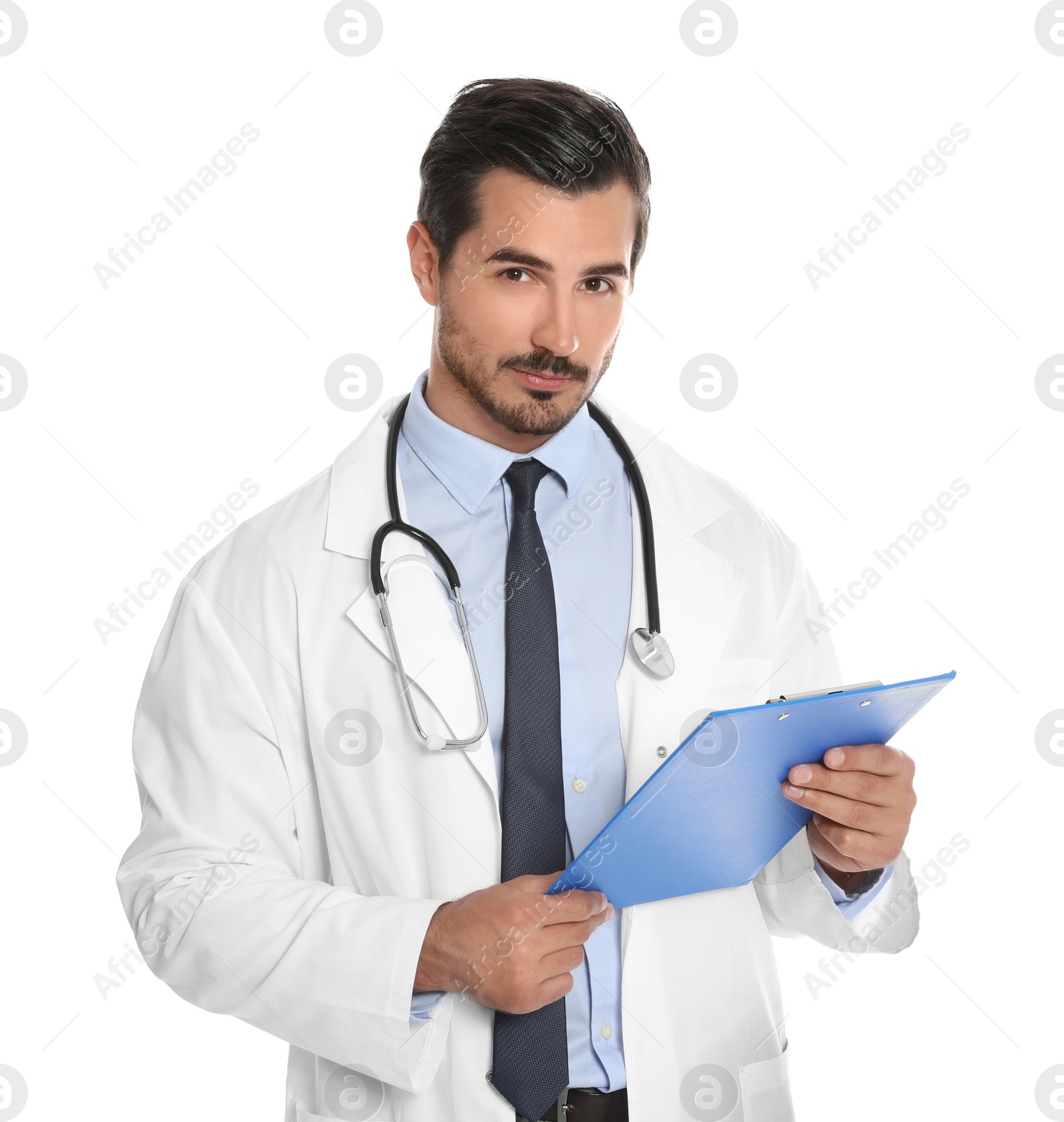 Photo of Young male doctor with clipboard on white background. Medical service