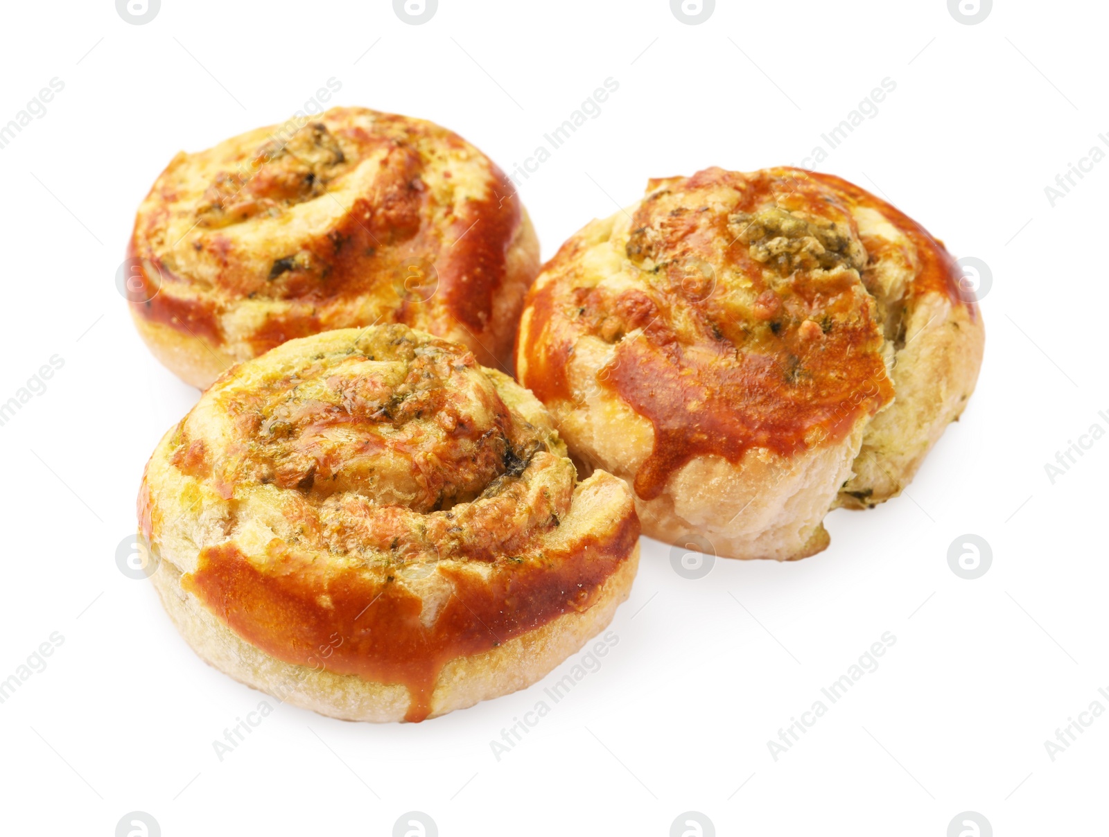 Photo of Fresh delicious puff pastry with tasty filling on white background