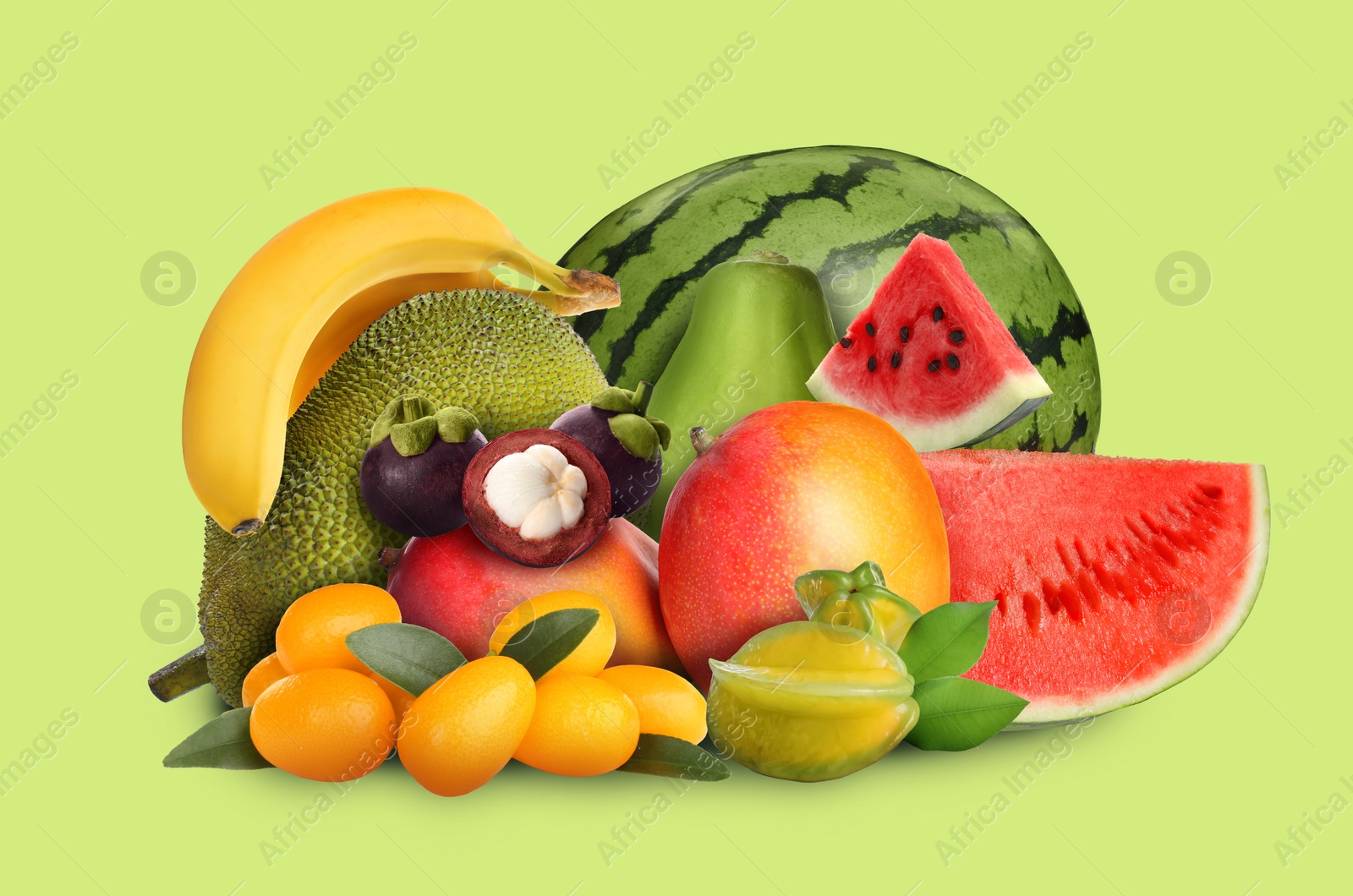 Image of Many different fresh fruits on yellowish green background