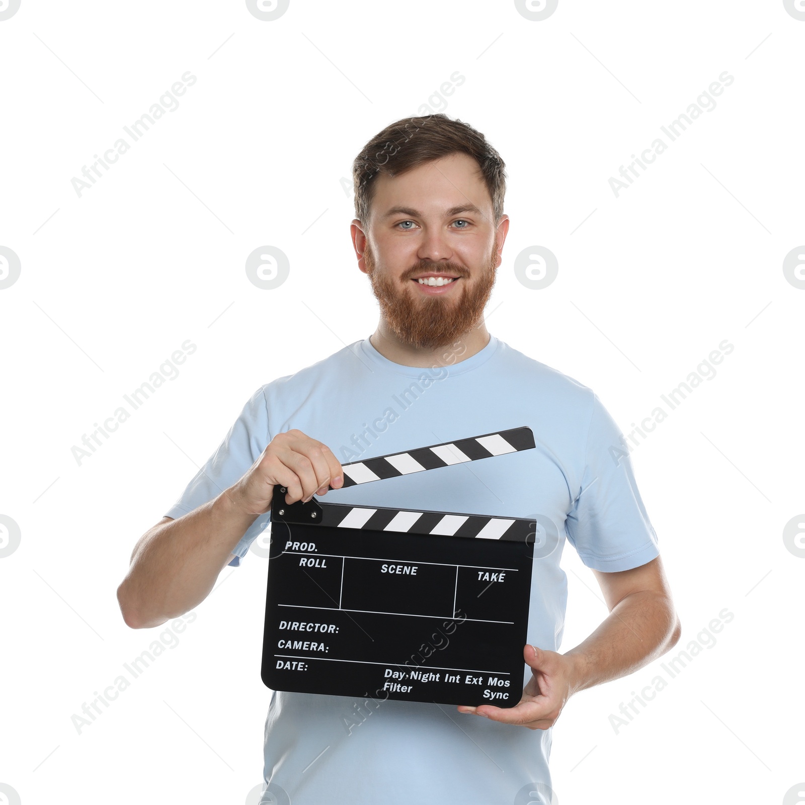 Photo of Making movie. Smiling man with clapperboard on white background