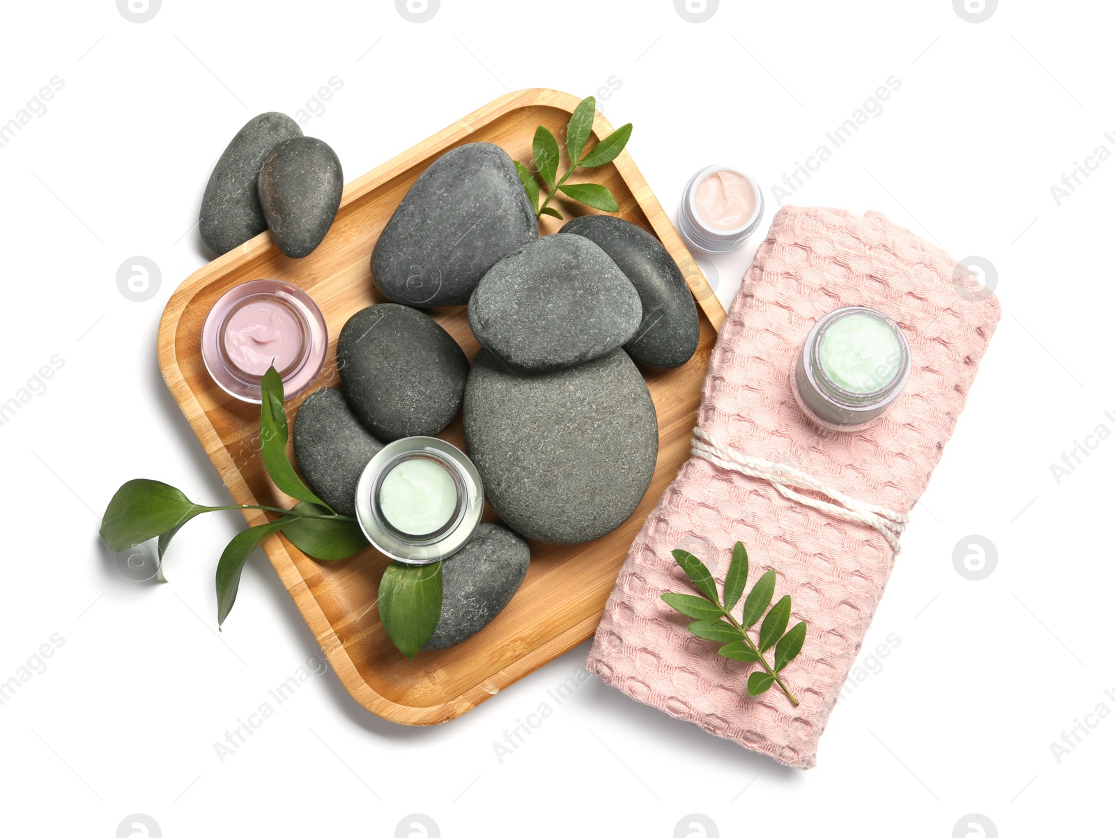 Photo of Composition with spa stones on white background, top view