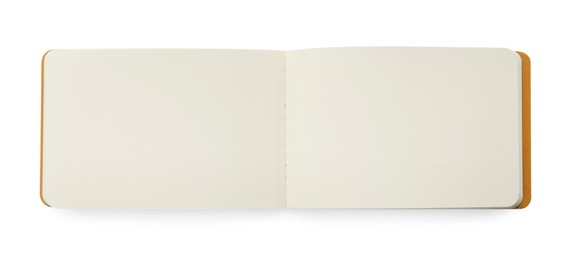 Stylish open notebook with blank sheets isolated on white, top view
