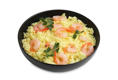 Photo of Delicious risotto with shrimps and parsley in bowl isolated on white